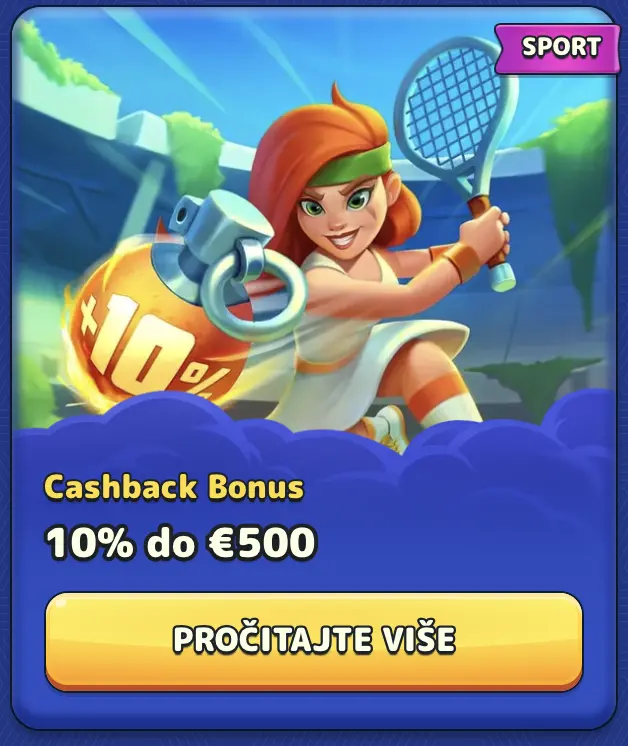 Sportski cashback bonus: Povrat novca do 10% i maksimalno €500 za sportske oklade Crvenokosa tenisačica zeleni povez i eksplozivna lopta s oznakom +10% u cashback sportskoj promociji